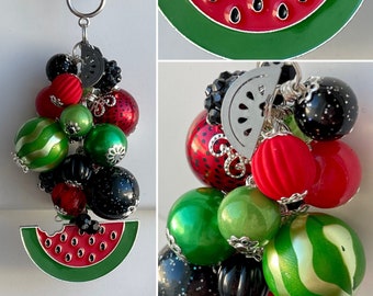 WATERMELON Car-Mirror Charm for Rear View Decor OR Clip for purse, bag, lanyard • pendant beads rhinestone enamel summer fruit red picnic