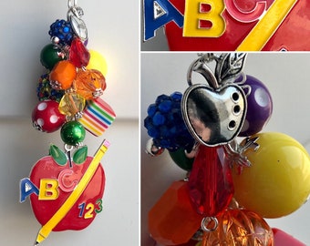 Car-Mirror Charm for Rear-View Decor OR Clip for purse, bag, lanyard • ABC APPLE pendant acrylic beads School Teacher Student Aide Pencil