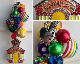 Car-Mirror Charm for Rear-View Decor OR Clip for purse, bag, lanyard • SCHOOLHOUSE pendant acrylic beads School Teacher Student Aide Class