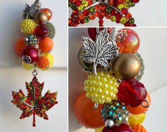 Car-Mirror Charm for Rear-View Decor OR Clip for purse, bag, lanyard AUTUMN Beads Rhinestone Pendant Fall Leaf Leaves Tree Maple