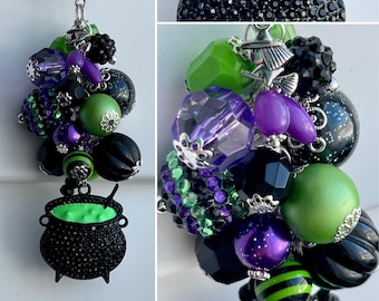 Car-Mirror Charm Beaded Decor Rear View OR Clip for purse, bag, lanyard, necklace • WITCH CAULDRON Halloween Rhinestone Enamel Pendant Brew