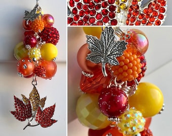 Car-Mirror Charm for Rear-View Decor OR Clip for purse, bag, lanyard AUTUMN Beads Rhinestone Pendant Fall Leaf Leaves