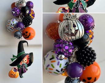 Car-Mirror Charm for Rear-View Decor OR Clip for purse, bag, lanyard • Halloween WITCH Rhinestone Pendant Hat Pumpkin Black Girl Trick Treat