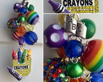 Car-Mirror Charm for Rear-View Decor OR Clip for purse, bag, lanyard • CRAYONS pendant rhinestone acrylic beads School Teacher Student Aide