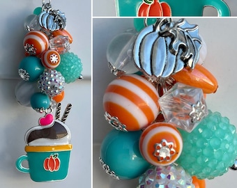 Car-Mirror Charm for Rear-View Decor OR Clip for purse, bag, lanyard • AUTUMN Beads Rhinestone Pendant Fall Pumpkin Spice Coffee Mug