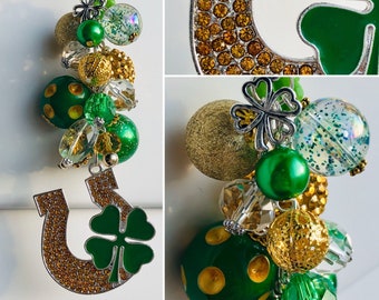 Car-Mirror Charm for Rear-View Decor OR Clip for purse, bag, lanyard • Horseshoe Shamrock pendant beads St. Patrick&#39;s Day Luck Clover