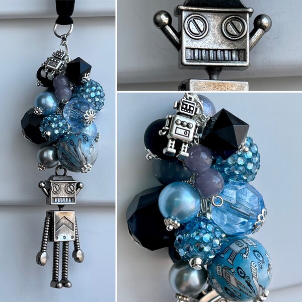 CaR miRroR cHarM • ROBOT • for Rear View Mirror • Rhinestone Pendant Decor Acrylic Enamel Beads Blue Silver Gray Toy Robotic