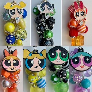 BEADED CLIP for Purse, Bag, Lanyard, etc. Rhinestone Acrylic Glitter Enamel Glitter Charm Beads Bubbles Buttercup Blossom Powderpuff Girls