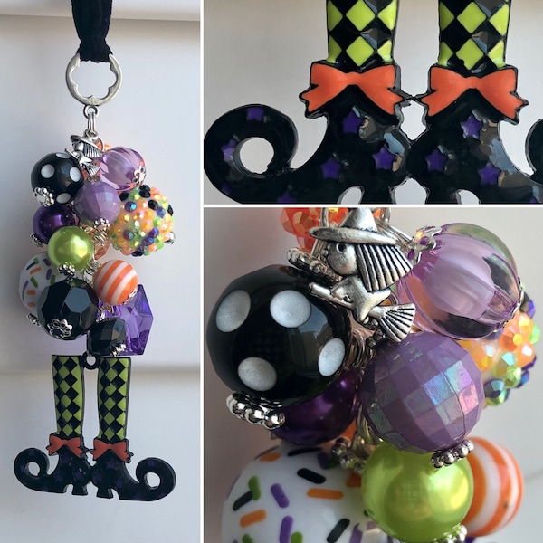 CaR MiRRoR CHaRM • HALLOWEEN • for Rear View Mirror • or CLiP for purse, bag, lanyard, necklace • Rhinestone Pendant Witch Legs Boots Hat