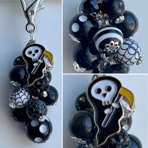 BEADED CLIP • HALLOWEEN • for purse, bag, backpack, lanyard, and more! • charm acrylic enamel beads Grim Reaper Ghost Skull