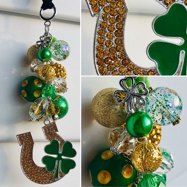 CaR MiRRoR CHaRM • SHAMROCK HORSESHOE • for Rear View Mirror • or CLiP for purse, bag, lanyard, necklace • Rhinestone St. Patrick's Day Luck