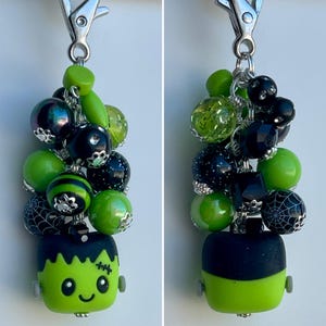 Beaded CLIP Charm for Purse, Lanyard, Bag Decor • Rhinestone Pendant Beads HALLOWEEN Frankenstein Lobster Clasp Monster Spider Web Spooky