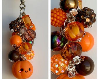 Beaded CLIP for Purse, Bag, Lanyard PUMPKIN Autumn Fall Patch Jack-o-Lantern Solstice Focal Bead Silicone Rhinestone Glitter Gift