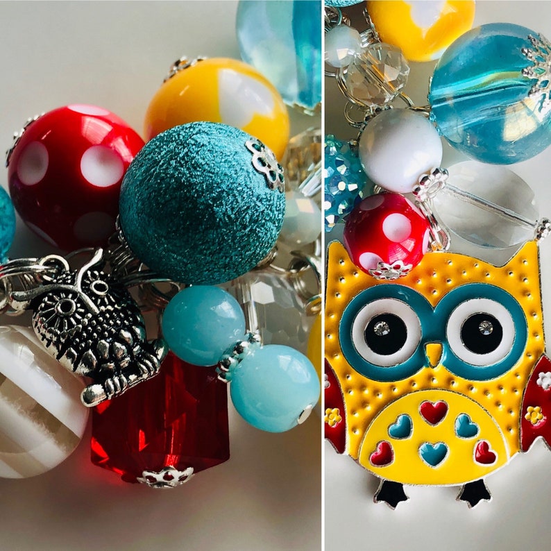 Owl CAR CHARM for your Rear View Mirror \u2022 Colorful Enamel Pendant and Beads \u2022 Rhinestone Acrylic Crystal