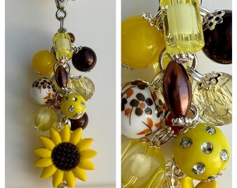 Beaded CLIP for Purse, Bag, Lanyard and more! SUNFLOWER Fall Autumn Flower Seeds Solstice Porcelain Focal Bead Silicone Rhinestone Glitter