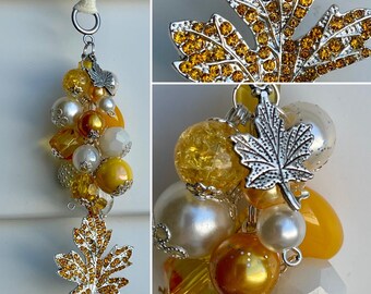 Car-Mirror Charm for Rear View Beaded Decor OR Clip for purse, bag, lanyard • AUTUMN LEAF Beads Pendant Rhinestones Yellow Leaves Fall