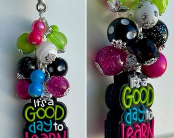 Beaded CLIP Charm for Purse, Lanyard, Bag Decor Rhinestone Pendant Beads TEACHER School Aide Para Paraprofessional Grade Principal Secretary