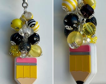 Beaded CLIP Charm for Purse, Lanyard, Bag Decor Rhinestone Pendant Bead TEACHER School Aide Para Paraprofessional Pencil Principal Secretary
