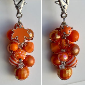 Beaded Clip Charm for Purse, Lanyard, Bag Decor • Rhinestone Enamel Pendant Beads AUTUMN LEAF Orange Fall Leaves Gift Glitter