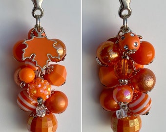 Beaded Clip Charm for Purse, Lanyard, Bag Decor • Rhinestone Enamel Pendant Beads AUTUMN LEAF Orange Fall Leaves Gift Glitter