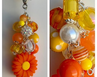 Beaded CLIP for Purse, Bag, Lanyard FLOWER Fall Autumn Orange Yellow Daisy Focal Bead Silicone Rhinestone Glitter