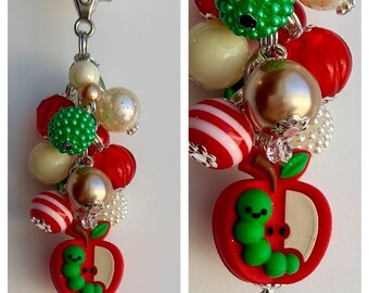 Beaded CLIP for Purse, Bag, Lanyard APPLE WORM School Smart Books Study Read Glasses Homework Class Focal Bead Silicone Rhinestone Glitter