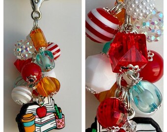 Beaded CLIP for Purse, Bag, Lanyard STUDY School Coffee Apple Smart Books Read  Homework Class Focal Bead Silicone Rhinestone Glitter
