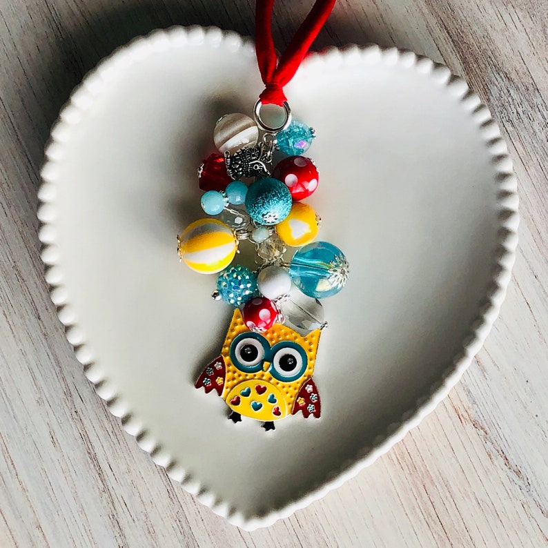 Owl CAR CHARM for your Rear View Mirror \u2022 Colorful Enamel Pendant and Beads \u2022 Rhinestone Acrylic Crystal