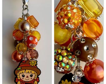 Beaded CLIP for Purse, Bag, Lanyard SCARECROW Fall Straw Autumn Pumpkin Orange Brown Sunflower Focal Bead Silicone Rhinestone Glitter