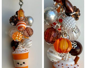 Beaded CLIP for Purse, Bag, Lanyard PUMPKIN SPICE Coffee Latte Frappuccino Autumn Pumpkin Sprinkles Focal Bead Silicone Rhinestone Glitter