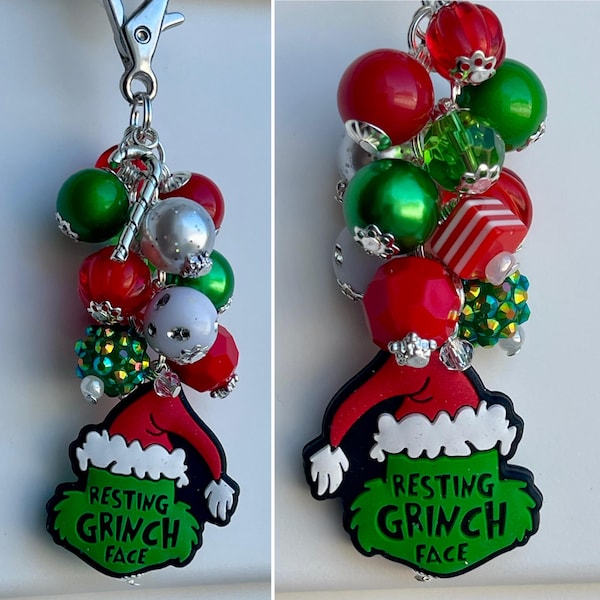 Beaded CLIP Charm for Purse, Lanyard, Bag Decor • Rhinestone Pendant Beads CHRISTMAS Resting Face Lobster Clasp Candy Cane Secret Santa Gift