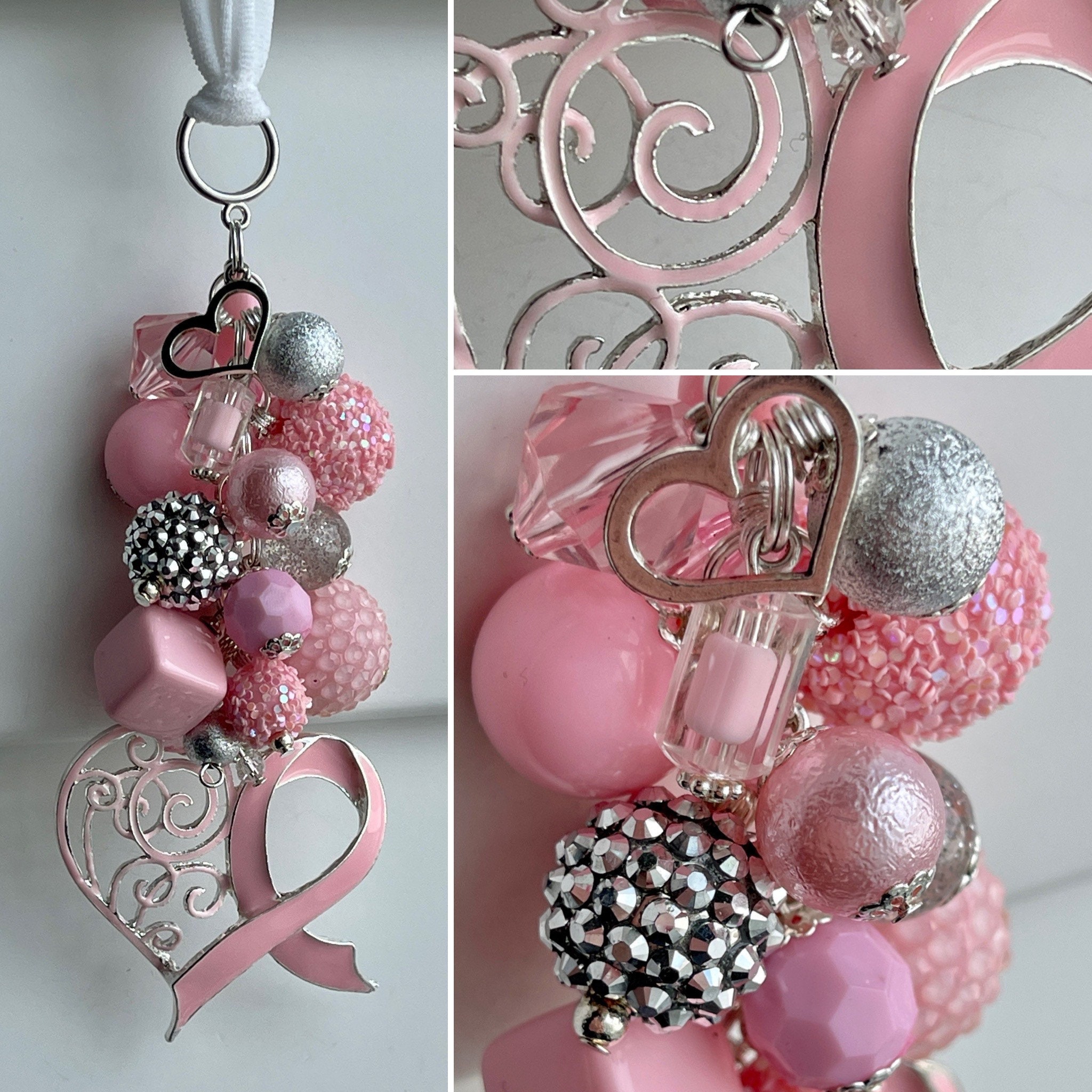 Car-Mirror Charm for Rear-View Decor OR Clip for purse, bag, lanyard • Rhinestone Enamel Glitter Beads Pendant Breast Cancer Awareness Pink
