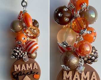 Beaded CLIP Charm for Purse, Lanyard, Bag Decor • Rhinestone Pendant Beads PUMPKIN SPICE Autumn Fall Gift Coffee Mom Mama Mother