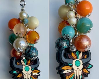 Beaded CLIP Charm for Purse, Lanyard, Bag Decor HORNS Rhinestone Pendant Beads Skull Horn Steer Feathers Turquoise Western Country Skeleton