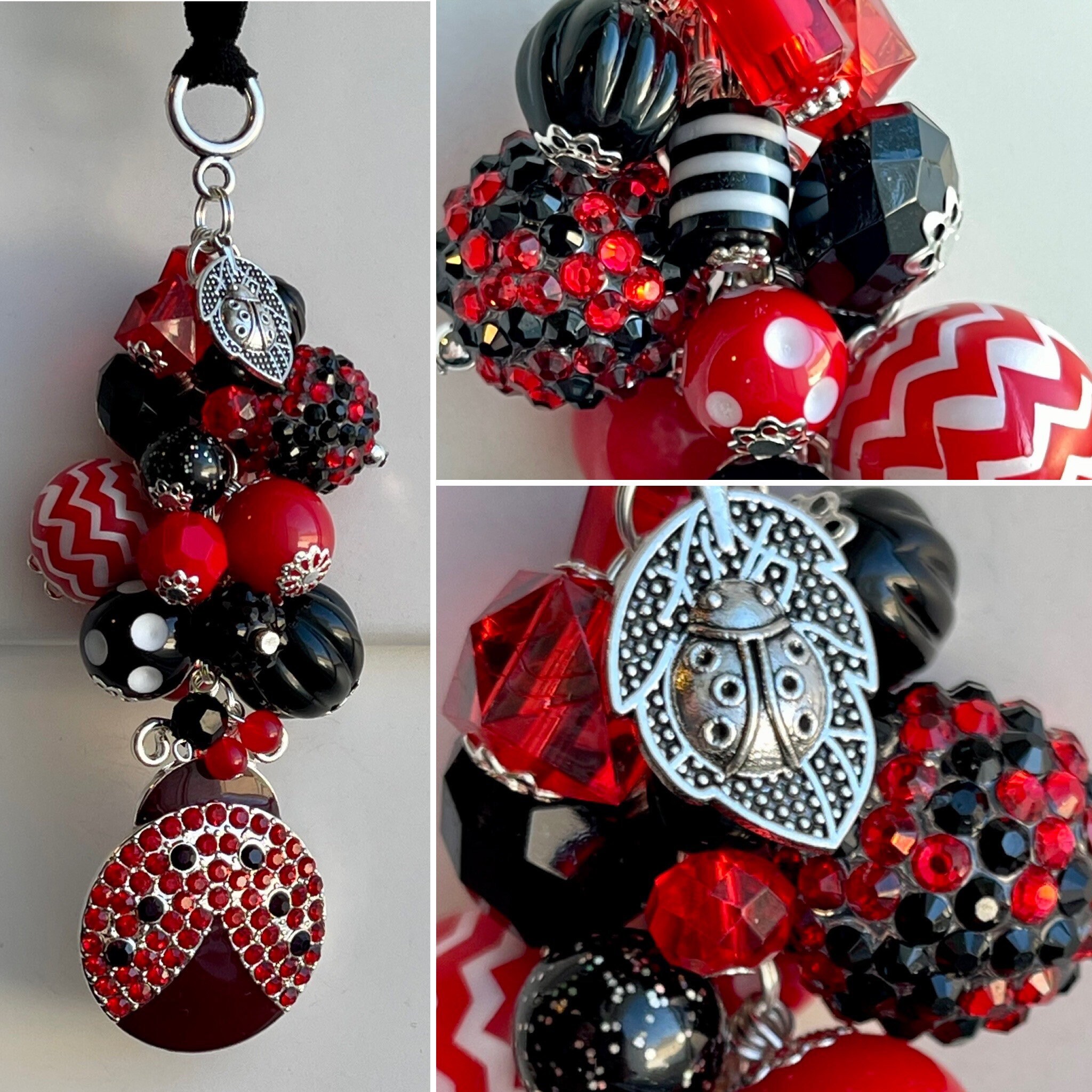 SUNFLOWERS LADY BUGS LUCK CHARM REAR VIEW MIRROR CAR CHARM MOBILE ORNAMENT 