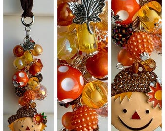 Car-Mirror Charm SCARECROW Autumn Fall Leaves Leaf Sunflower Solstice Pumpkin Patch Beaded Decor Vehicle Truck Beads Rhinestones Pendant