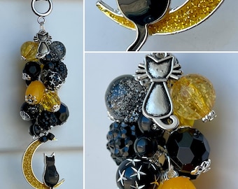 Car-Mirror Charm for Rear-View Decor OR Clip for purse, bag, lanyard • CAT MOON Halloween Rhinestone Pendant Black October Glitter Acrylic