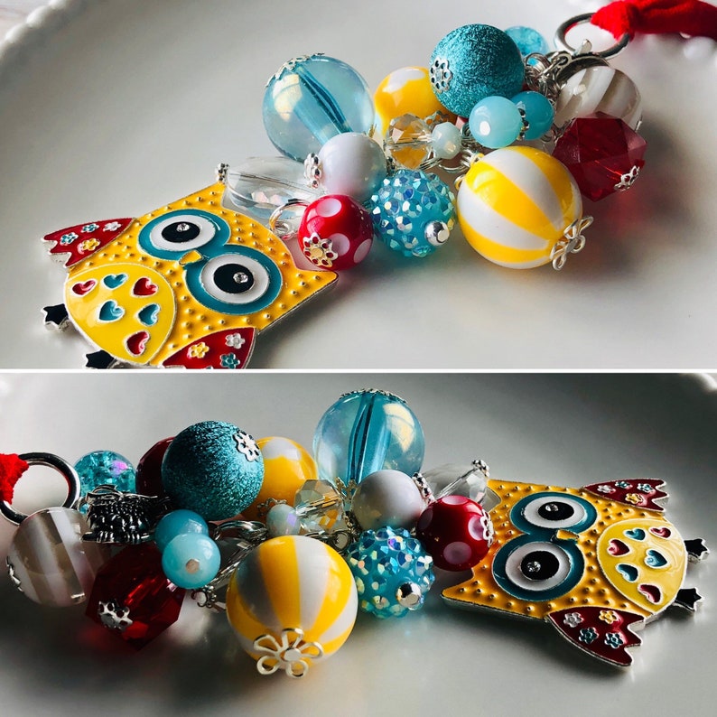 Owl CAR CHARM for your Rear View Mirror \u2022 Colorful Enamel Pendant and Beads \u2022 Rhinestone Acrylic Crystal