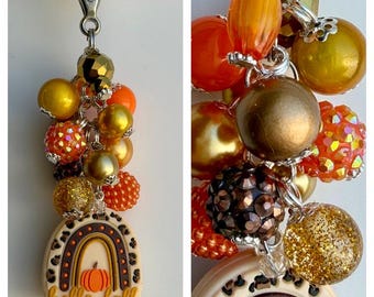 Beaded CLIP for Purse, Bag, Lanyard and more! HELLO FALL Autumn Pumpkin Leopard Gold Focal Bead Silicone Rhinestone Solstice Orange Glitter