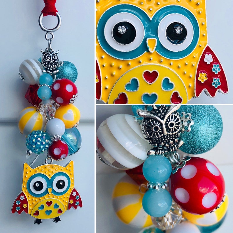 Owl CAR CHARM for your Rear View Mirror \u2022 Colorful Enamel Pendant and Beads \u2022 Rhinestone Acrylic Crystal
