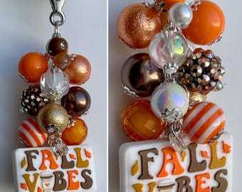 Beaded CLIP Charm for Purse, Lanyard, Bag Decor • Rhinestone Pendant Beads Autumn Fall Vibes Leaves Leaf Pumpkin Coffee Spice