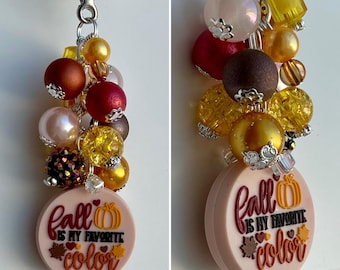 Beaded CLIP Charm for Purse, Lanyard, Bag Decor • Rhinestone Pendant Beads Autumn Fall Gift Leaves Leaf Pumpkin
