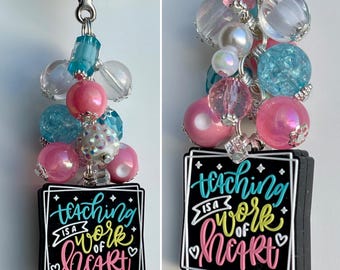 Beaded CLIP Charm for Purse, Lanyard, Bag Decor Rhinestone Pendant Beads TEACHER School Aide Para Paraprofessional Grade Principal Secretary