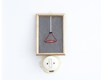 Funny embroidery art in frame, hanging lamp, re-used, recycled frame, weird embroidery work, funny gift, wall art,lamp , lightbulb