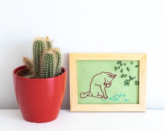 grooming cat embroidery in frame, kitty cat, reuse, recycled frame, cute embroidery, sweet gift, wall art, cat rest, zen art, nature