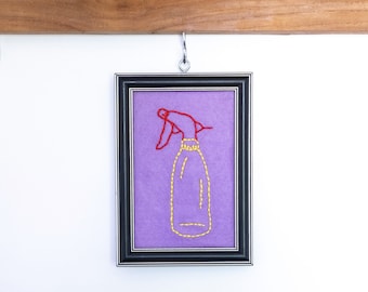 Funny embroidery art in frame, plant spray, re-used, recycled frame, weird embroidery work, funny gift, wall art