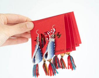 Handwoven dangle earrings in cheerful colors, weave earring, jewelry, boho style, copper or silver colored hook, inkle weave, band weaving