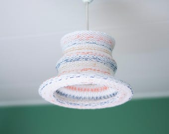 Handmade knitted lampshade for nursery • white with gold, blue & coral accents • LED-only • kids room décor
