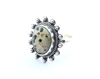 Dalmatian Jasper Sterling Silver Ring: Vintage Minimalist Gemstone Jewelry