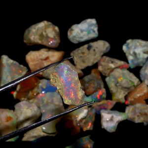 May include: A collection of rough opal stones, some with iridescent colors, are displayed on a black surface. One stone is held by tweezers, showcasing its rainbow-like sheen.